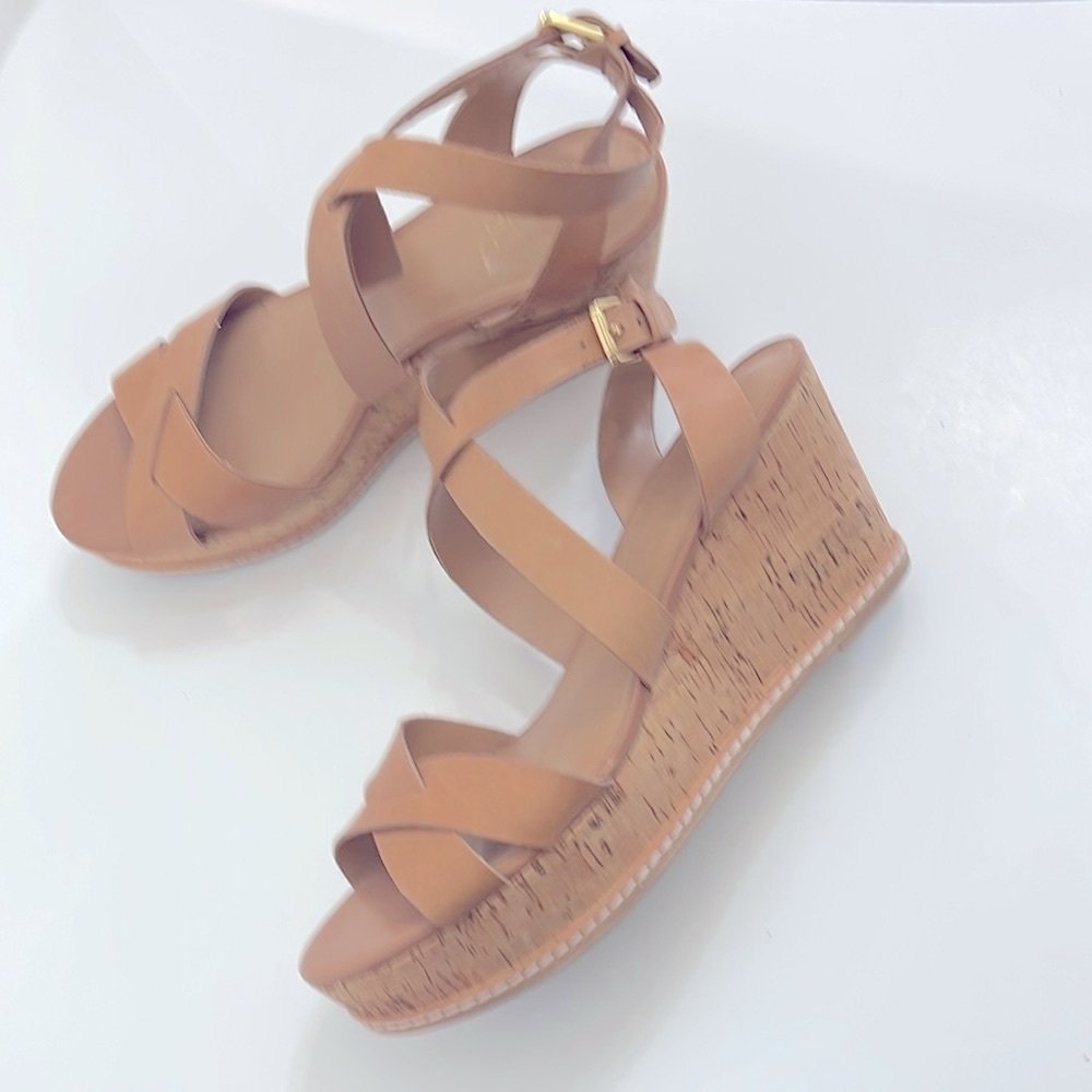 Franco Sarto Size 11 Leather Tan Strappy Cork Wedge heels Crisscross Sandals